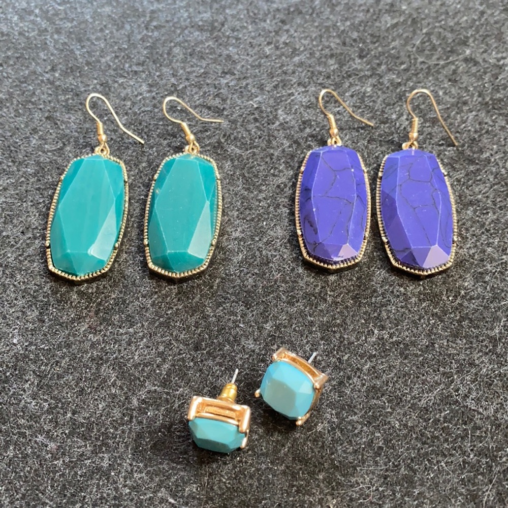 3 Vintage earrings vibrant blue and purple colours. Quality faux stone material